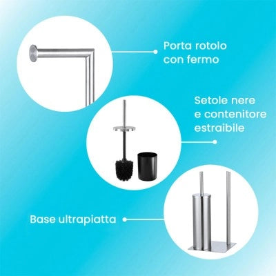 Piantana wc in acciaio satinato con portarotolo e portascopino