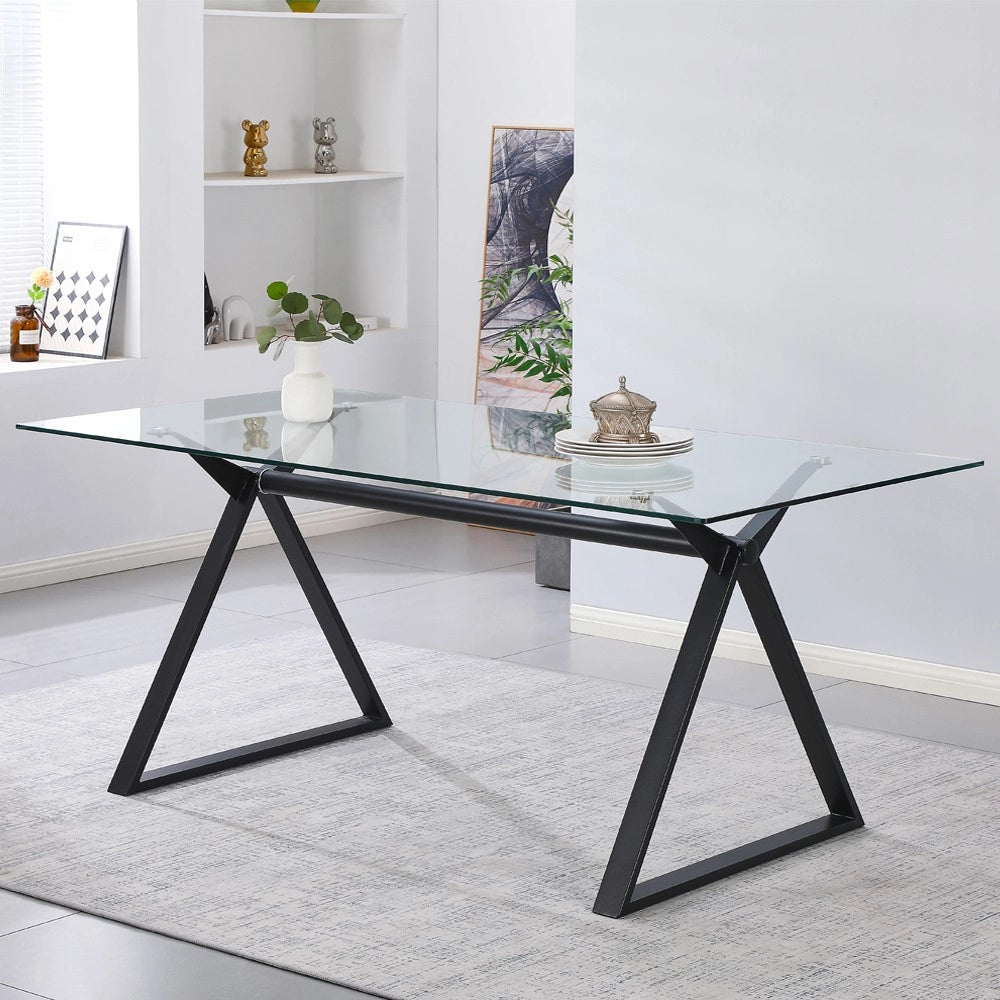 Tavolo da Pranzo Skylar 180×90 cm in Vetro Temperato con Gambe a Cavalletto Nere