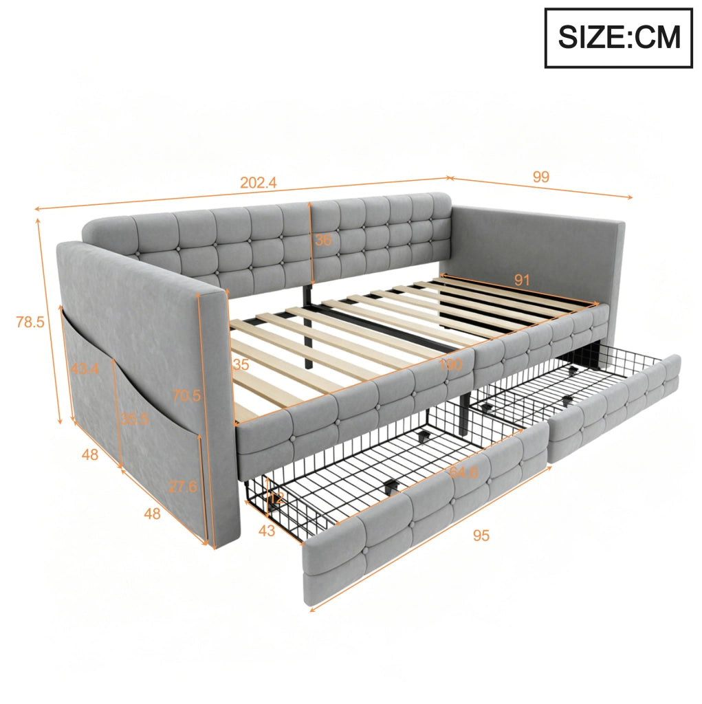 Letto imbottito singolo 90x190 cm in velluto grigio chiaro con 2 cassetti e tasche laterali