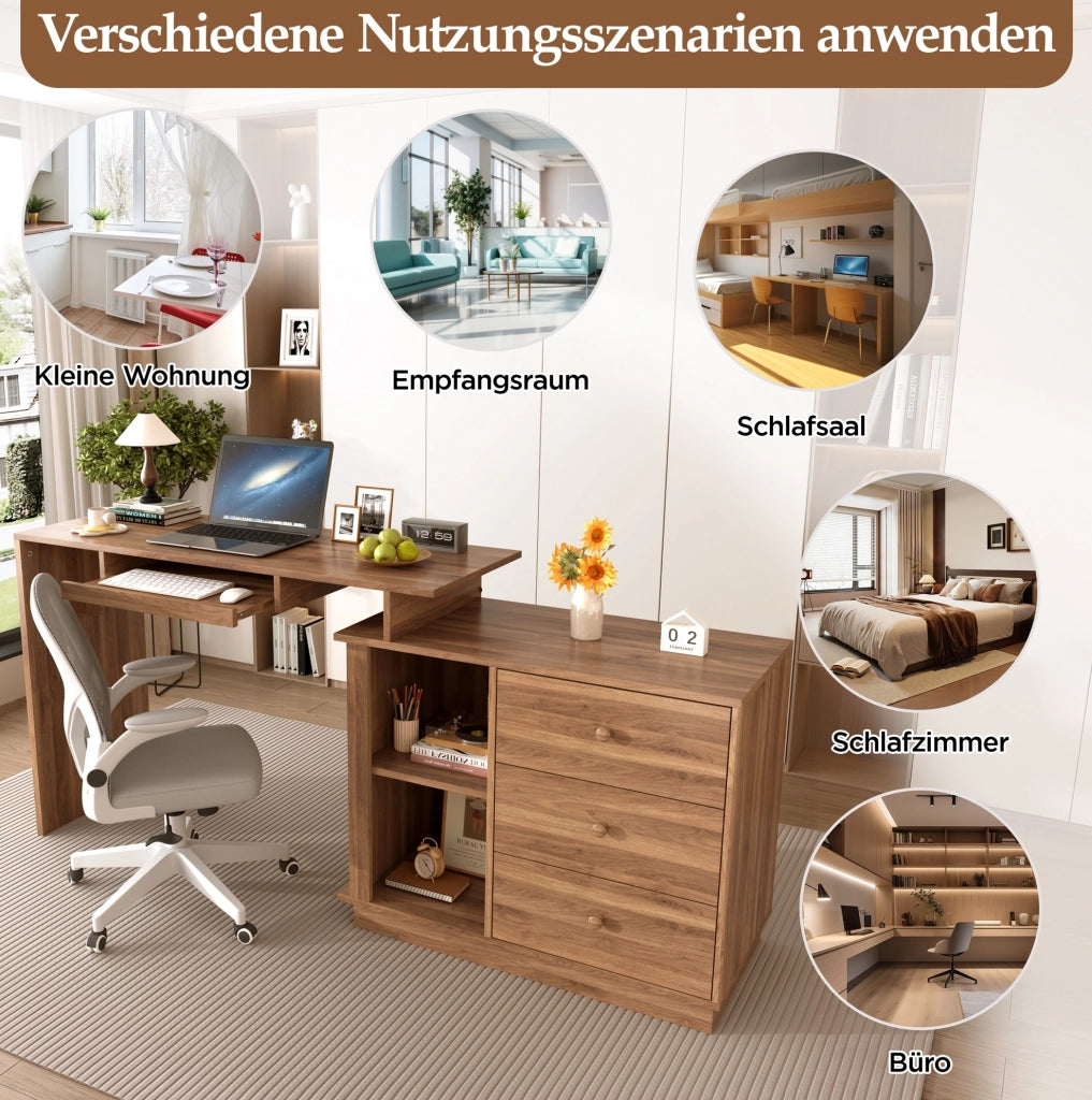 Scrivania multifunzione estensibile con 3 cassetti e 2 vani aperti; 110 cm; MDF color noce