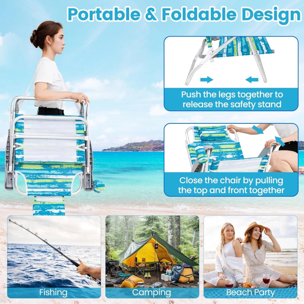 Set di 2 Sedie da Spiaggia Pieghevoli, Spiaggina con Schienale Regolabile in 5 Posizioni, Sdraio Mare con Portabicchieri e Portaasciugamani, Lettino Prendisole per Campeggio, Picnic (Verde)