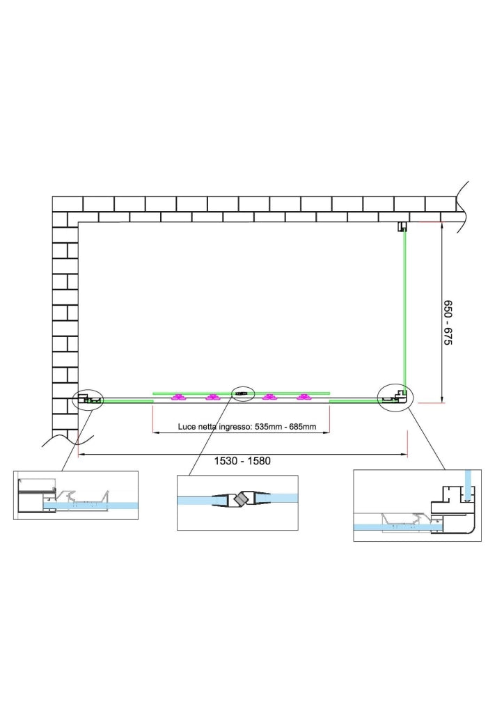 Box doccia 6 mm H 190 parete fissa e porta a 4 ante con apertura centrale MISURA 65-67,5 ANTA FISSA + PORTA 153-158