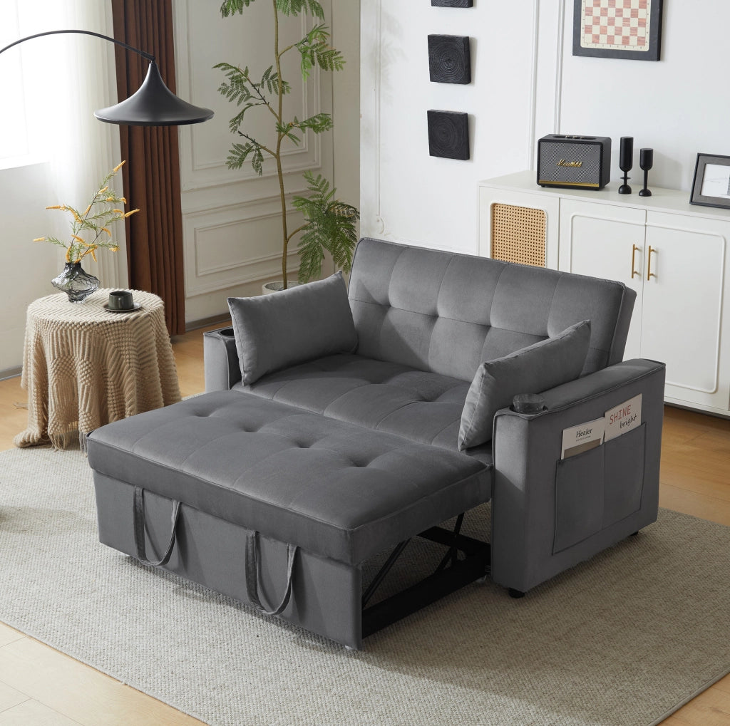 Divano letto 3 in 1 in velluto grigio 137x76;5x83 cm; con 2 cuscini e portabicchieri