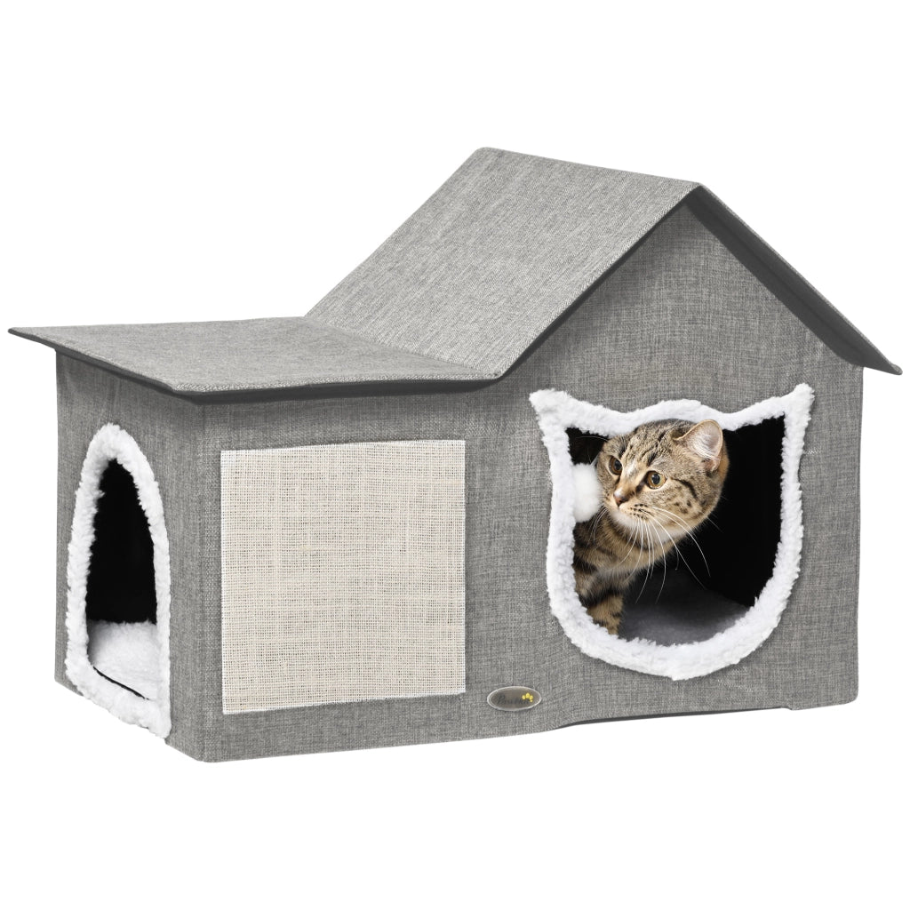 Casetta per Gatti Interna con Cuscino Morbido e Palla Pendente ¨C Zephmum ¨C Grigio 65x41x45,5 cm