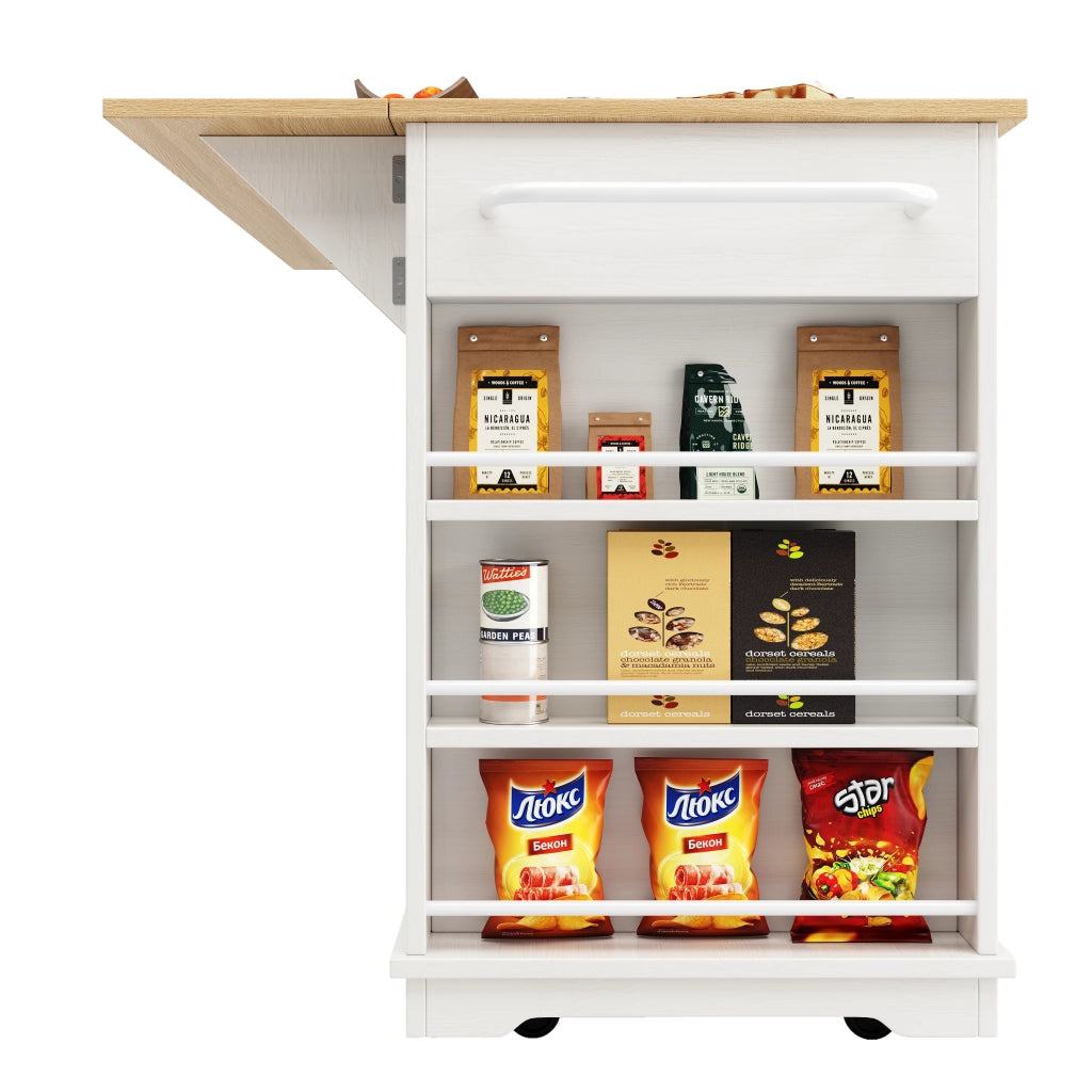 OKWISH Carrello da cucina con 2 cassetti e 6 vani, piano ribaltabile, prese e portaasciugamani, MDF, 151.5 x 59.7 x 91.7 cm, Bianco e Naturale