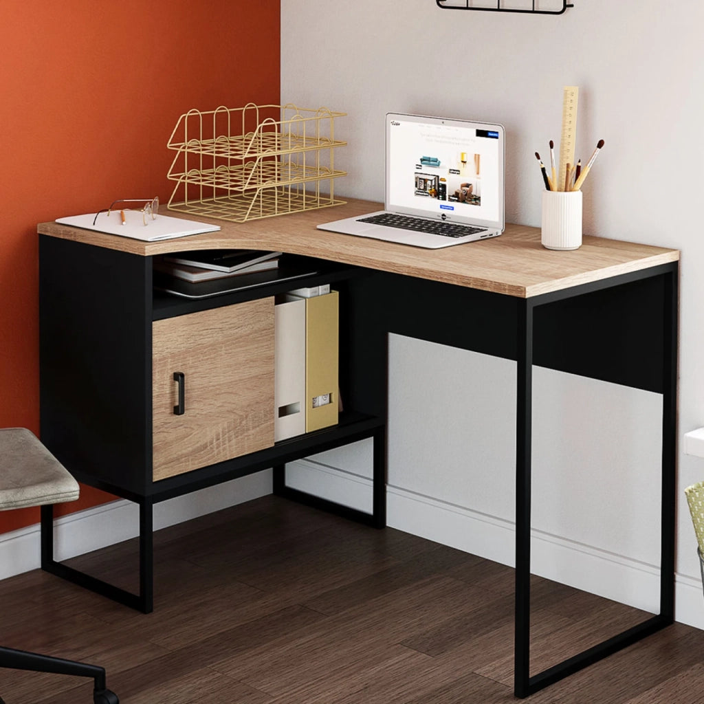 IDMarket - Scrivania angolare ROB in finitura nera e faggio con nicchia portaoggetti e anta dal design industriale