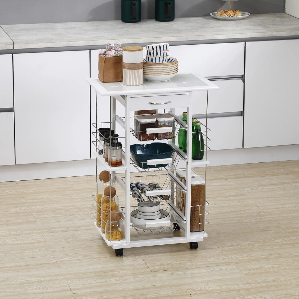 Carrello da cucina con cassetto, cesti e ripiani laterali ¨C zephmum ¨C bianco 57x37x83