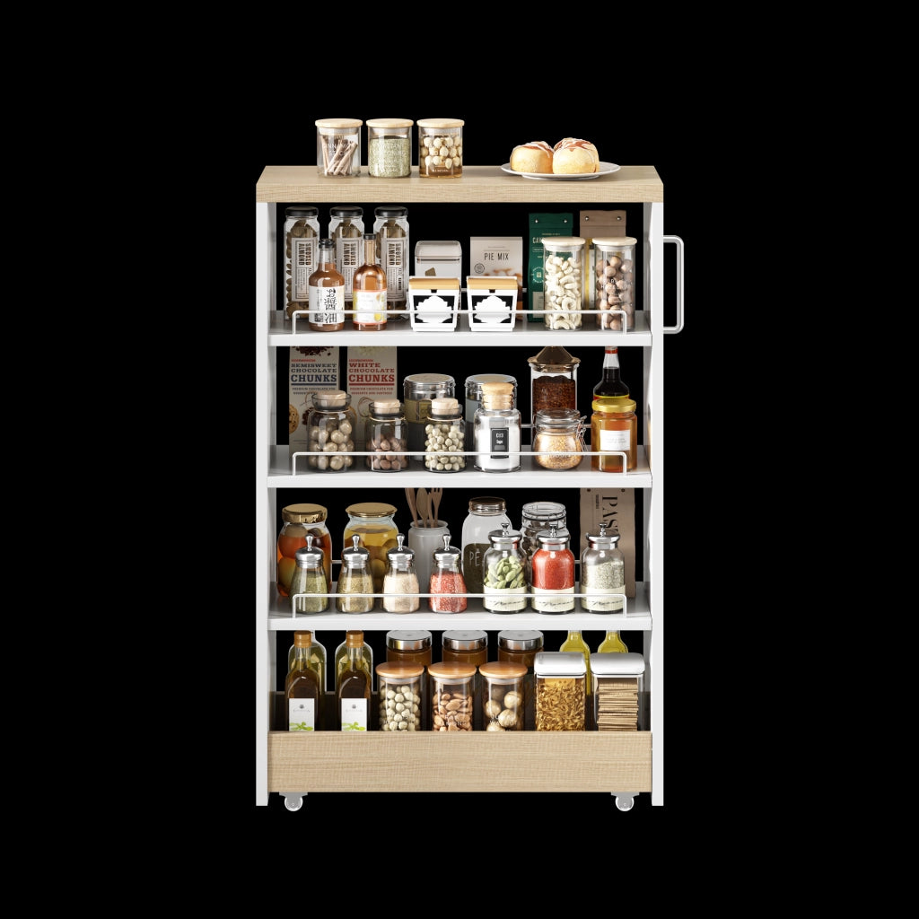 Carrello portaoggetti slim su ruote 20 cm, 4 ripiani regolabili, bianco effetto legno, 85x55x20 cm