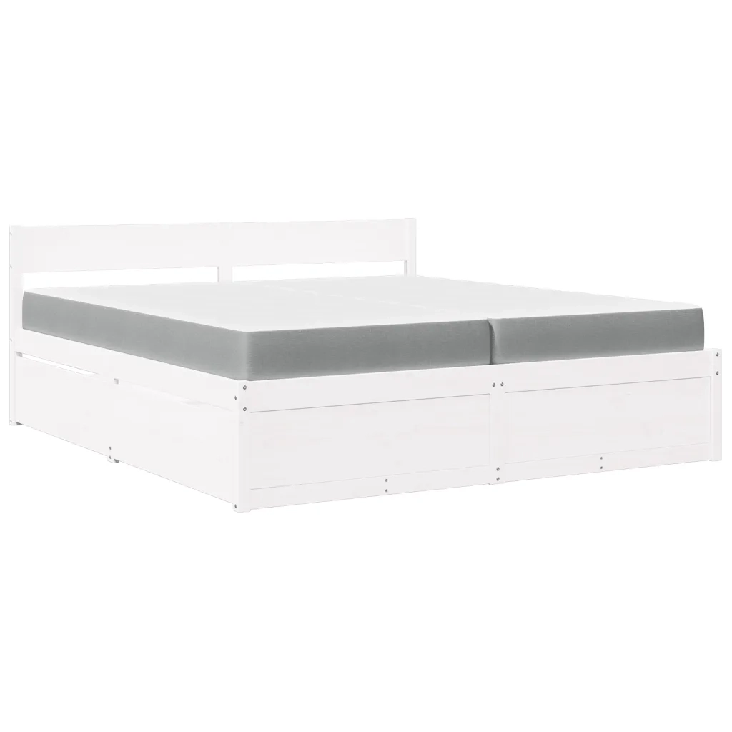 Letto Cassetti e Materasso Bianco 200x200cm Legno Massello Pino