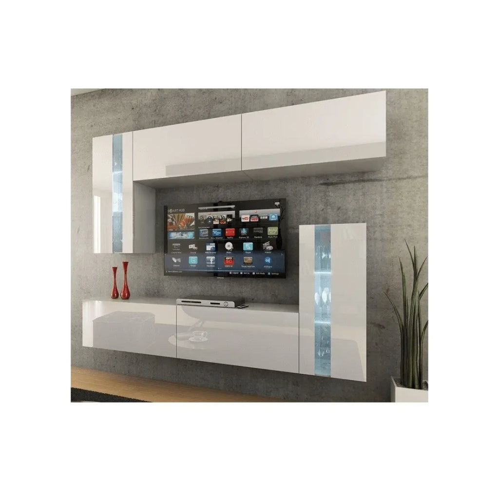 Set di mobili da salotto bianchi, sospesi collezione CEPTO XXX. 203cm, 6 pezzi, led, modulari.