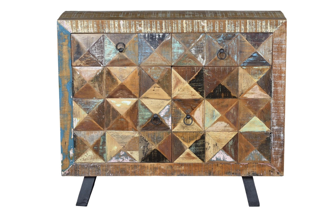 Credenza 4 ante scorrevoli e scaffali interni in rattan e  mango