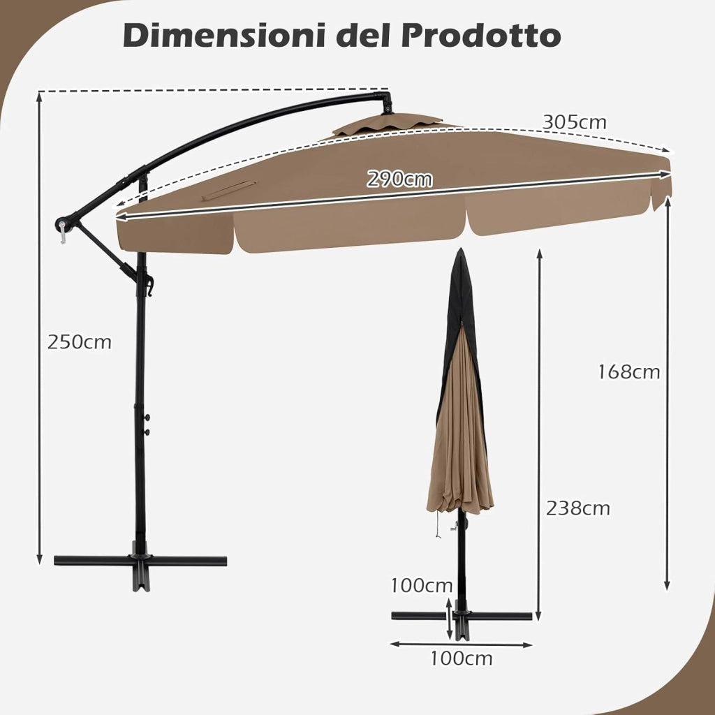 Ombrellone da Giardino 290 cm a Braccio | Inclinazione Regolabile, Manovella, 8 Stecche, Telo Solare, Copertura Inclusa