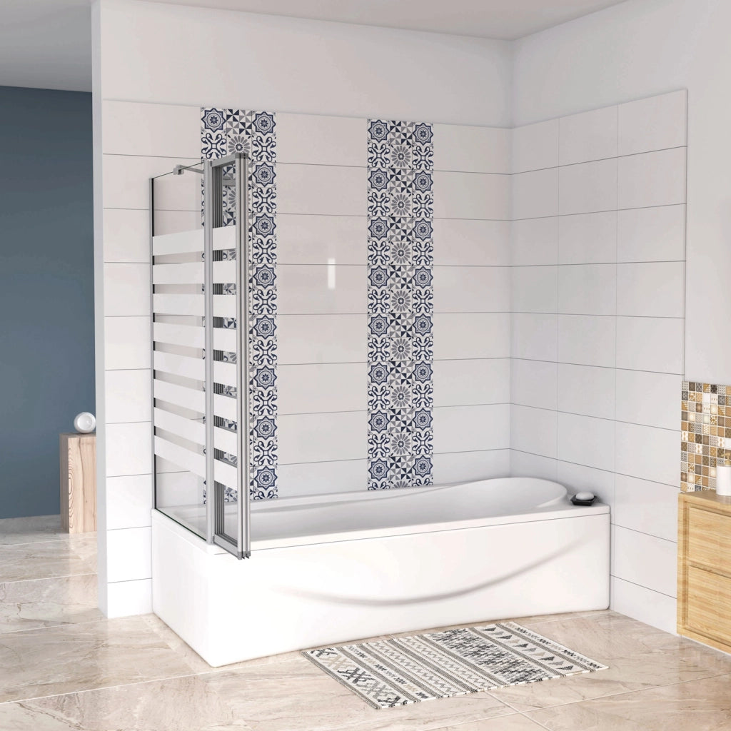 Sopravasca 100×140cm Vetro 4mm Temperato Bianco 3 Ante Pieghevoli a Libro con Lato Fisso 65x140 cm Profilo Argento Opaco Verso Sinistro