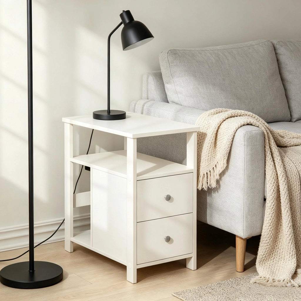 Tavolino da salotto con 2 cassetti e 2 vani; prese 2 AC e 2 USB; per soggiorno e camera; 60×60×30 cm