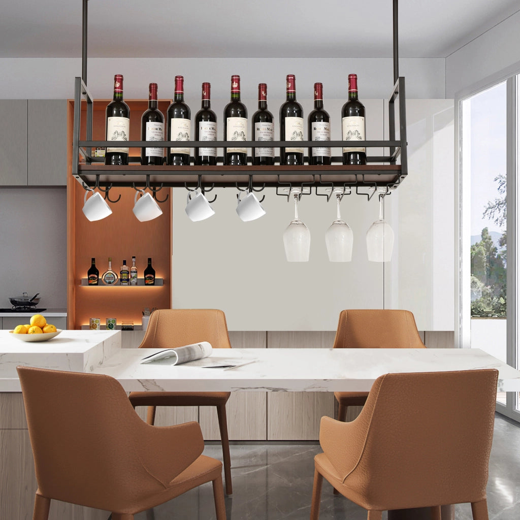 Portabottiglie Sospeso da Soffitto Borejle con Portacalici e Ganci per Tazze 100x30x65 cm Nero / Effetto Noce [en.casa]