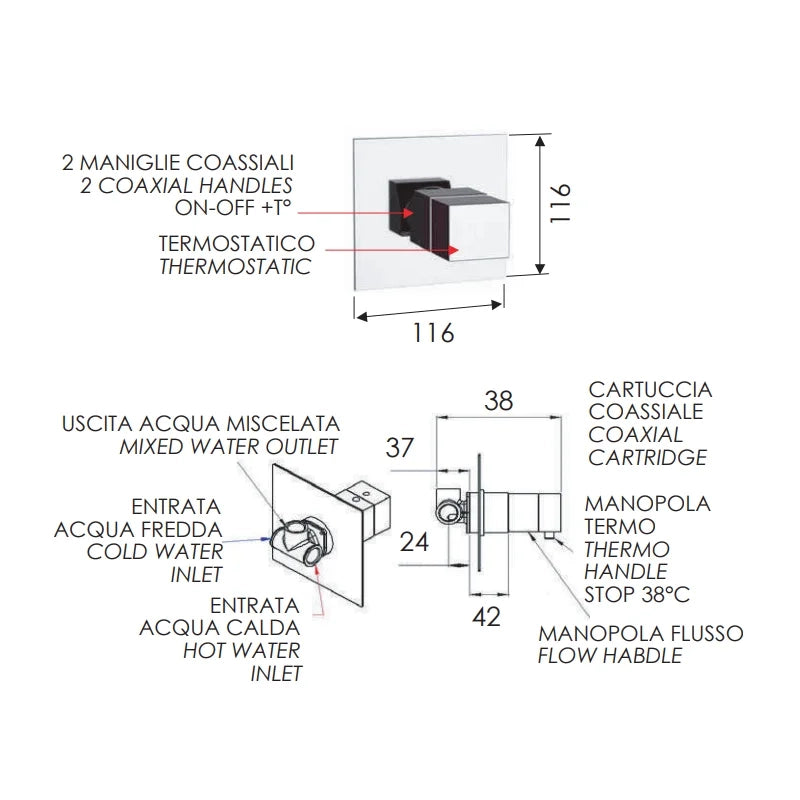 Rubinetto termostatico da incasso per doccia senza deviatore - serie qubika thermo