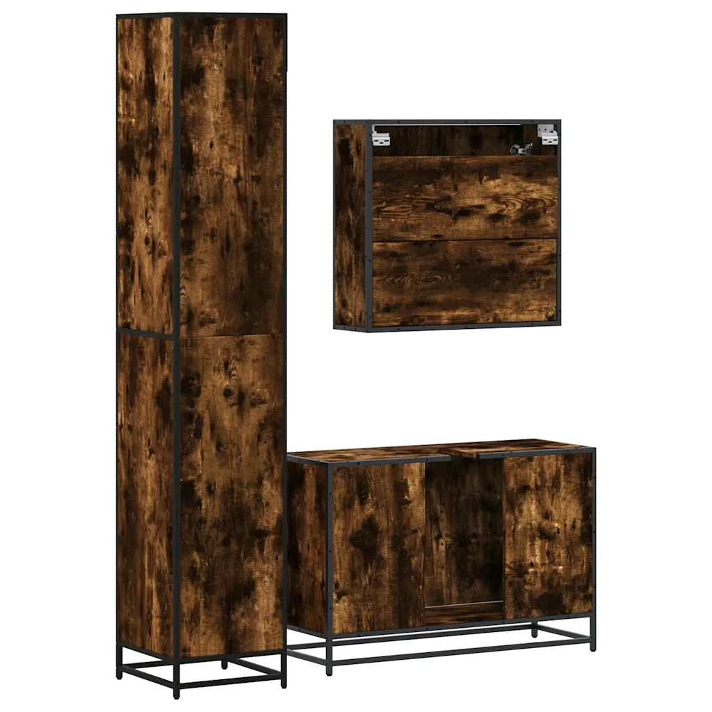 Set Mobili da Bagno 3 pz Rovere Fumo in Legno Multistrato