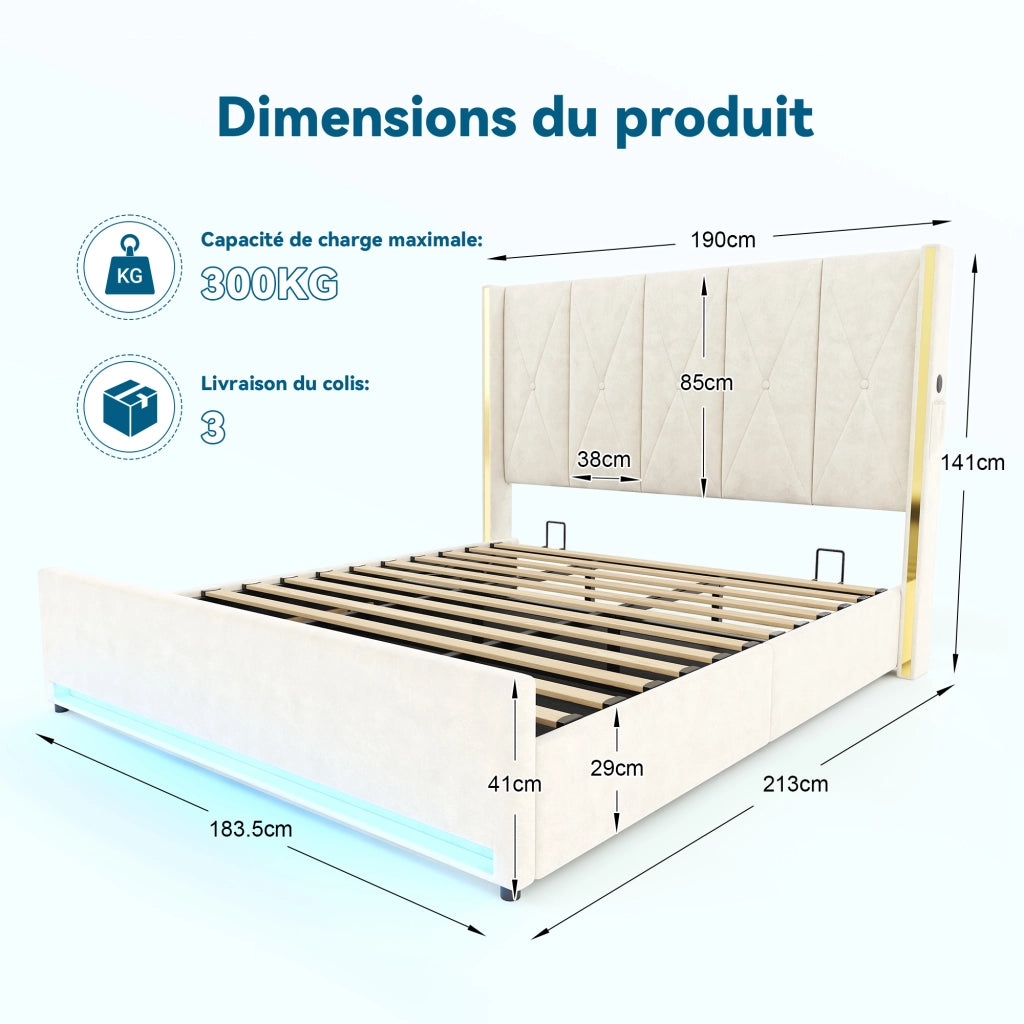 Letto Contenitore 180x200 cm Matrimoniale con USB; Type-C; LED e Tasche - Beige