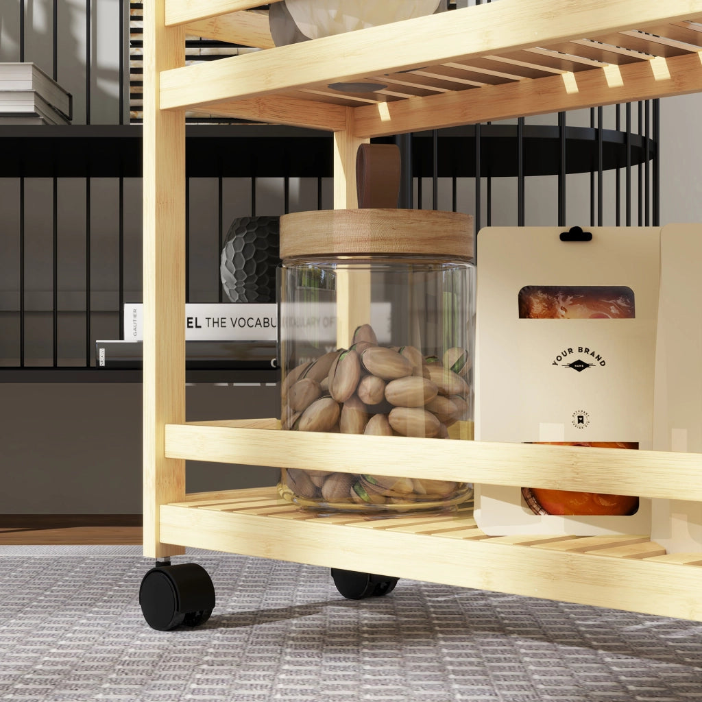 CARRELLO Portavivande 3 ripiani 55x20x75 cm in bambù color legno naturale con ruote