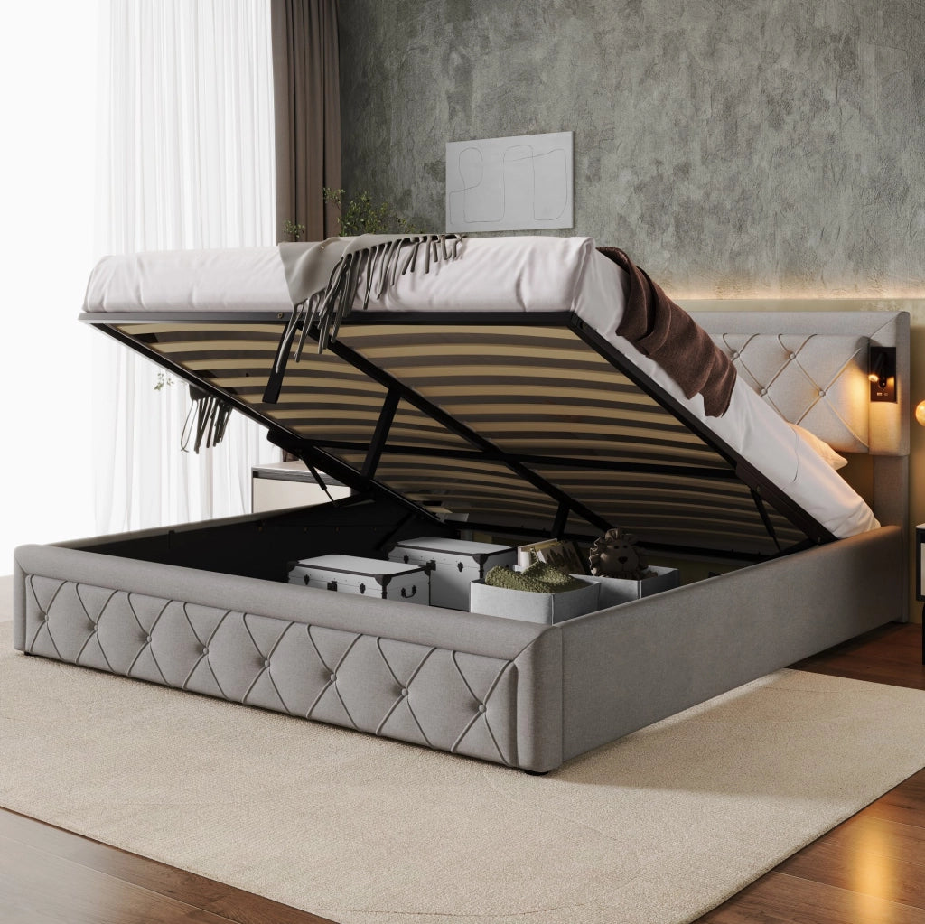 Letto imbottito con contenitore, luci e USB, grigio