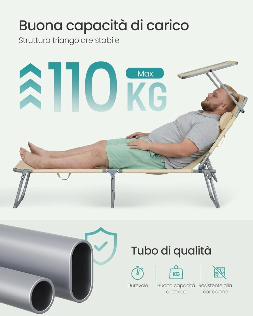 SONGMICS Set da 2 Sedie a Sdraio Pieghevoli, 189 x 53 x 28,5 cm, con Cusicni, Lettini Prendisole, Portata 110 kg Ciascuno, Parasole e Schienale Regolabili, per Terrazza e Balcone, Beige GCB292WZ02