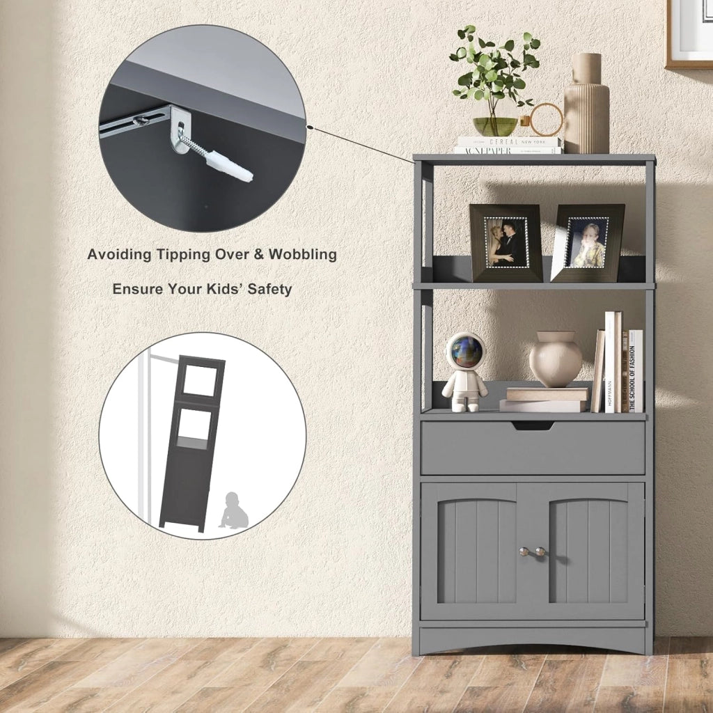 Mobile portaoggetti con ripiano a 3 livelli, armadio alto in legno, dispositivo antiribaltamento, cassetto e armadio a 2 ante, armadio moderno, 60 x 32,5 x 122 cm (grigio)