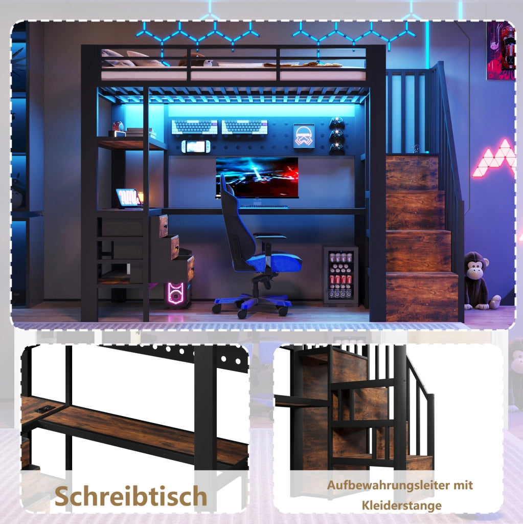 Letto a soppalco 90x200 cm con scrivania, LED e prese