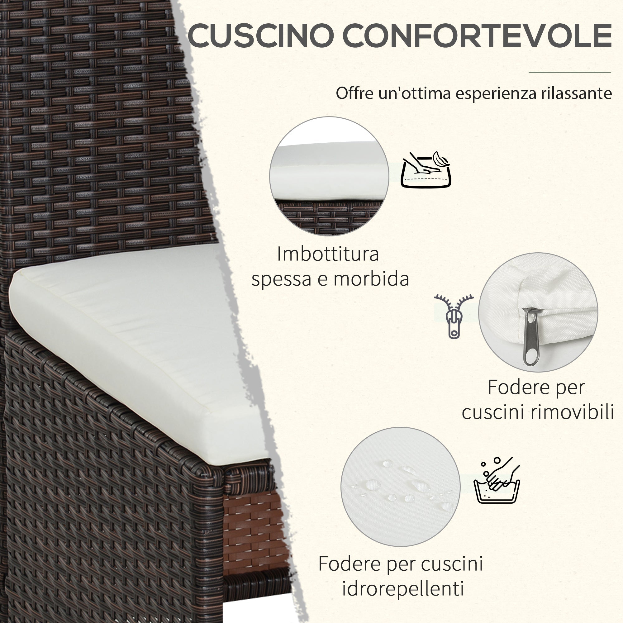 Set Tavolo e 4 Sedie da giardino in Rattan Sintetico e Acciaio con Cuscini Marrone