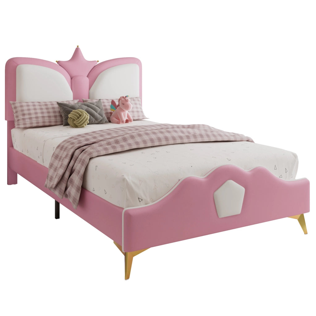 Letto imbottito per bambini 90x200 cm con testiera a corona; PU; rosa e bianco