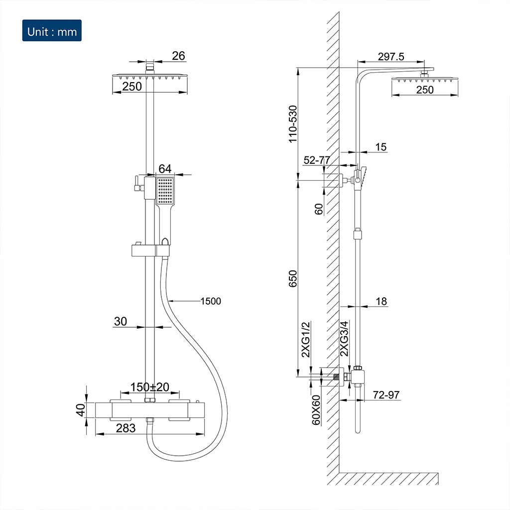 AICA ITALY Sistema Doccia con Miscelatore Termostatico a 38℃ e Soffione Quadrato 25x25cm Altezza Regolabile 75-118cm Cromo