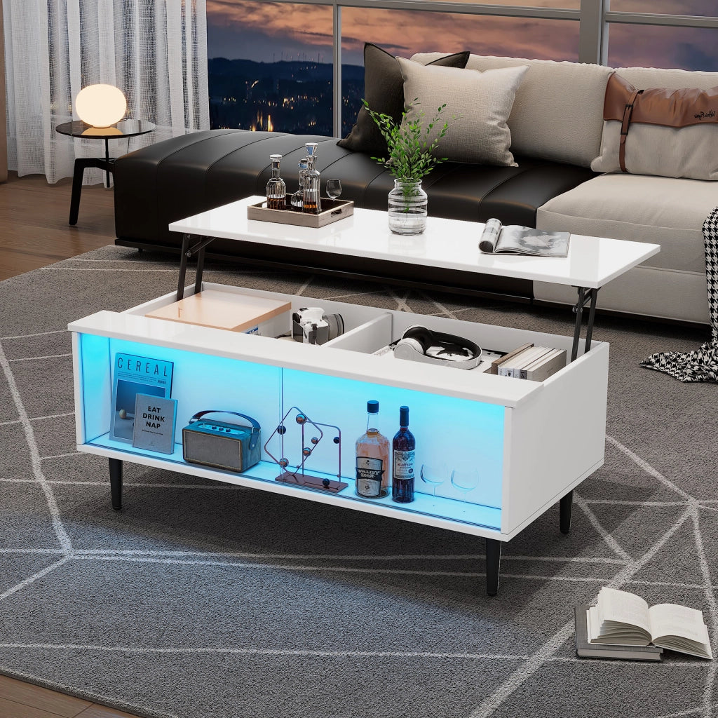 TAVOLO Caffè regolabile 105 x 50 x 43 cm bianco in truciolare e vetro temperato con LED