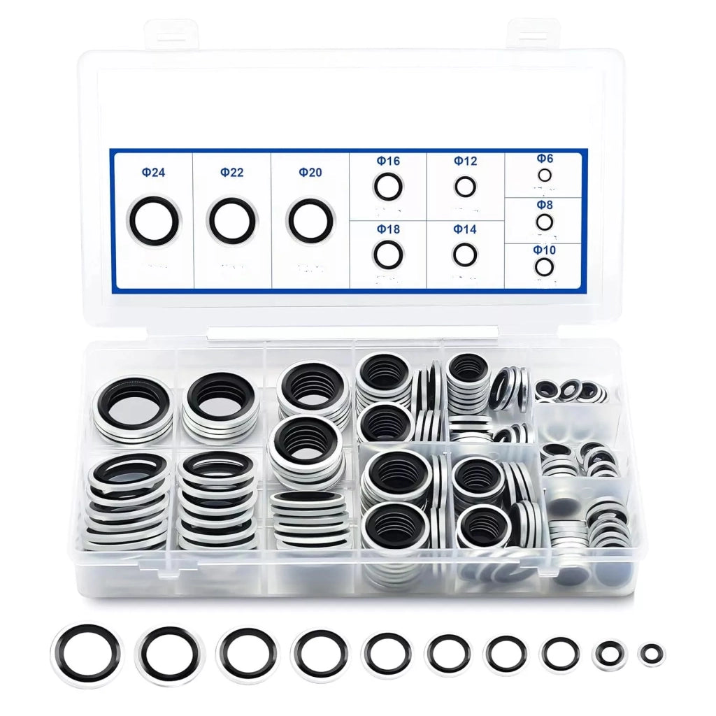 kit 165 RONDELLE GUARNIZIONI METALLO GOMMATO PER TAPPO OLIO MOTORE 10 MISURE