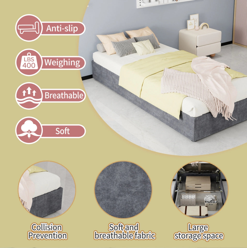 Struttura letto 90 x 200 cm in tessuto e metallo; grigio