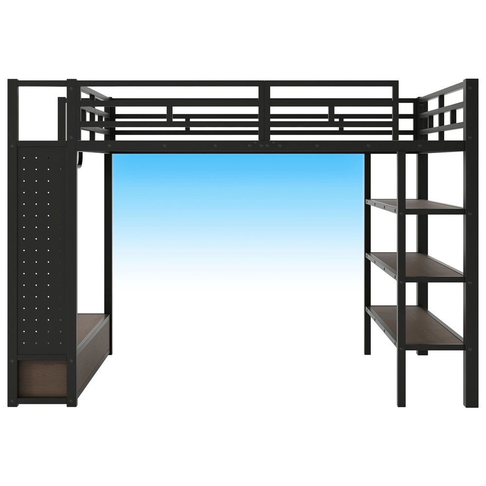 Letto a Soppalco 140x200 con Armadio, Ripiani, Pannello Forato e LED ¨C Xylo ¨C Nero Metallo