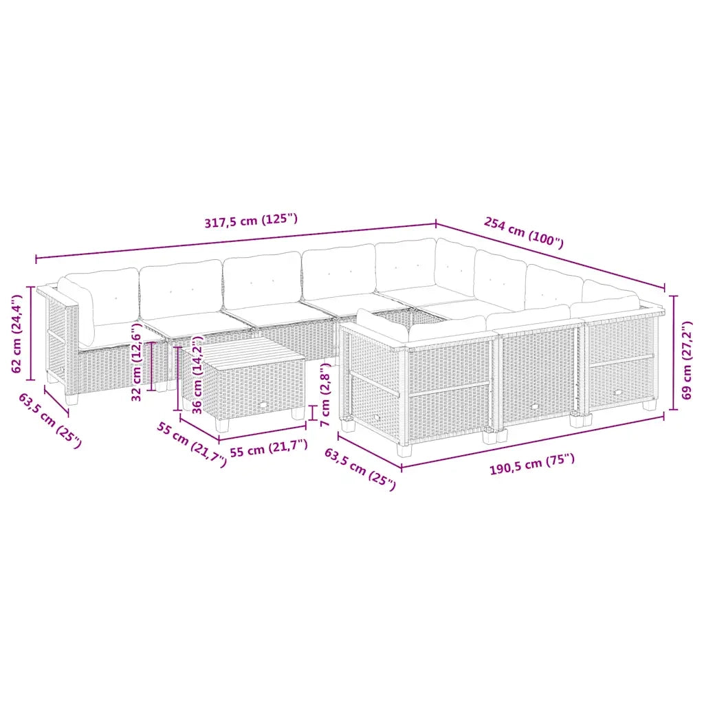 Set Divani da Giardino 11 pz con Cuscini Beige in Polyrattan 3262039