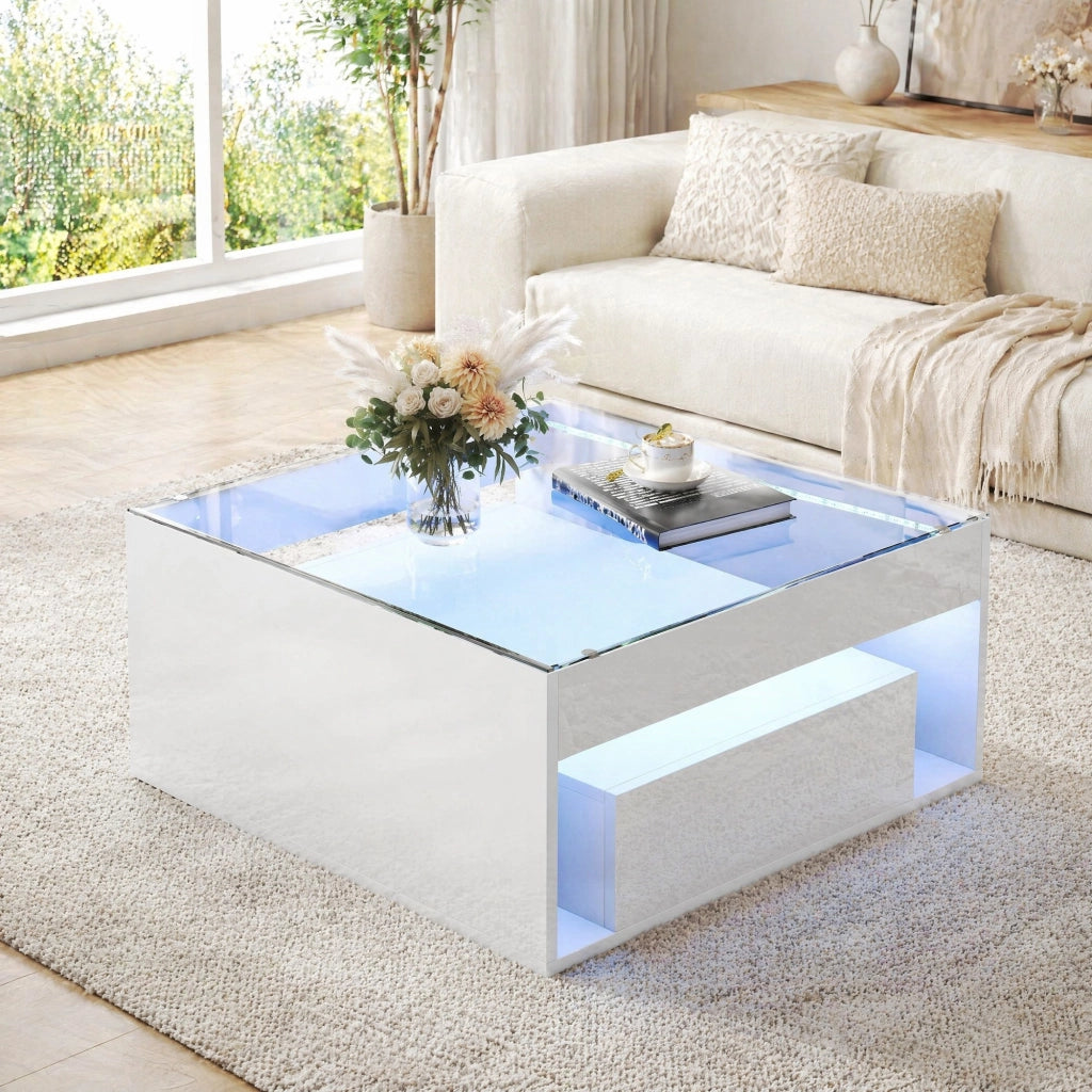 Tavolino da caff¨¨ 70 x 70 x 35 cm in MDF bianco con piano in vetro temperato, 2 cassetti, LED e portata 60 kg