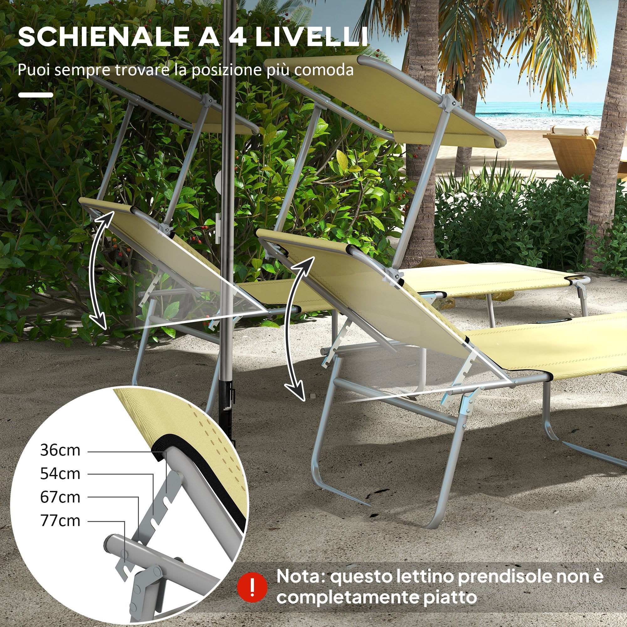Set 2 Sdraio da Giardino 187x58x36 cm Pieghevoli con Schienale e Tettuccio Regolabili Beige