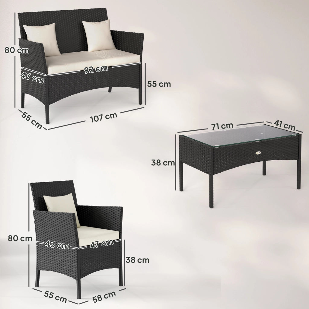 Set da Giardino 4Pezzi in Rattan con 2 Sedie, Poltrona da Giardino a 2 Posti e Tavolino Basso