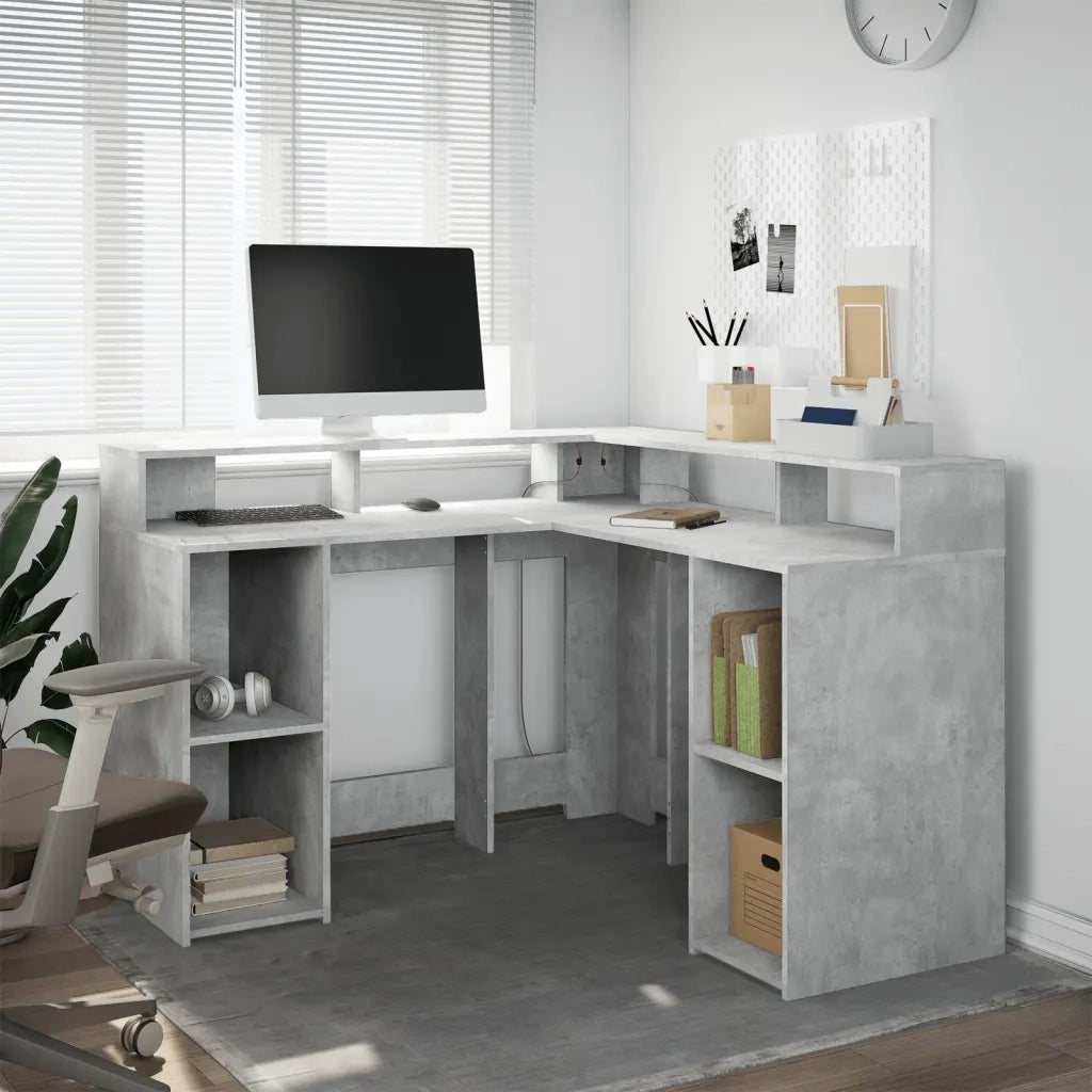 Scrivania con Luci LED Grigio Cemento 130x130x91 cm Multistrato 3309450