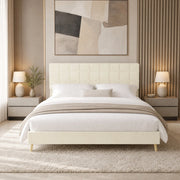 Letto matrimoniale 160x200 cm in velluto beige con testiera trapuntata