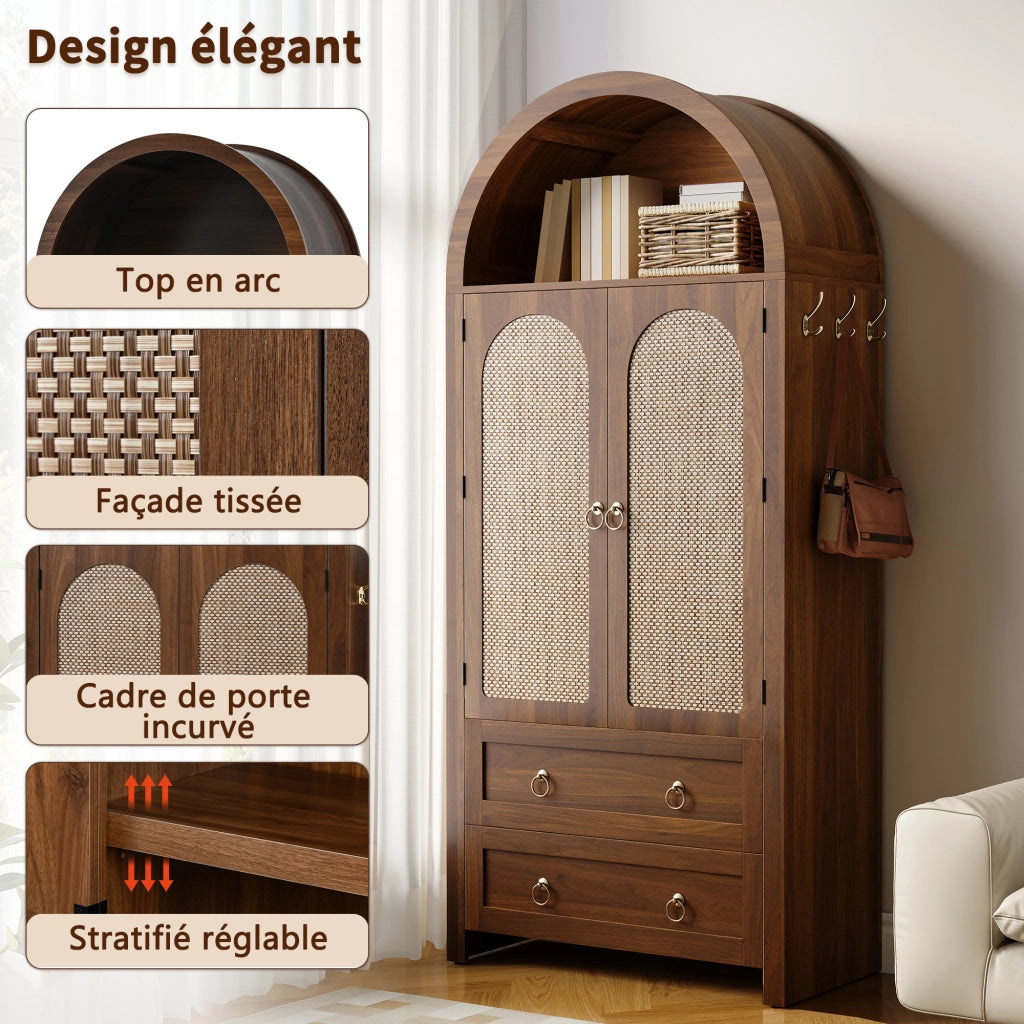Credenza con 2 Cassetti e Ante in Rattan; Ripiani Regolabili; Stile Vintage; in MDF; 80??40??180 cm; Noce