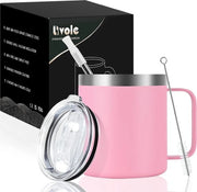 Bicchiere in acciaio inossidabile per campeggio, 350 ml, bicchiere da drink con coperchio e manico di legno, tazza termica a doppia parete 350 ml, tazza termica a vuoto con manico, bicchiere da caffè da portare via, tazza isolata per outdoor, rosa