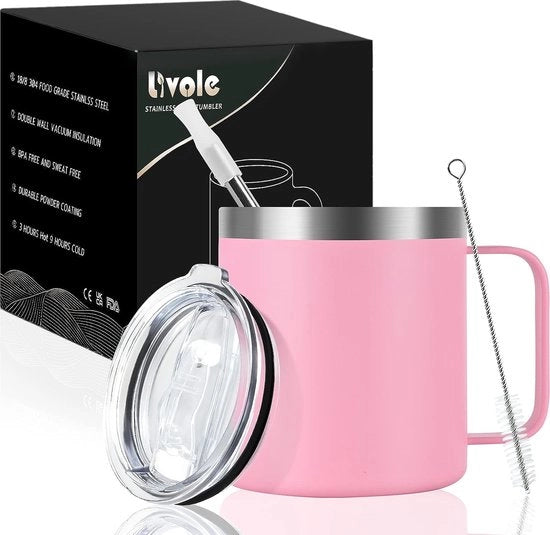 Bicchiere in acciaio inossidabile per campeggio, 350 ml, bicchiere da drink con coperchio e manico di legno, tazza termica a doppia parete 350 ml, tazza termica a vuoto con manico, bicchiere da caffè da portare via, tazza isolata per outdoor, rosa