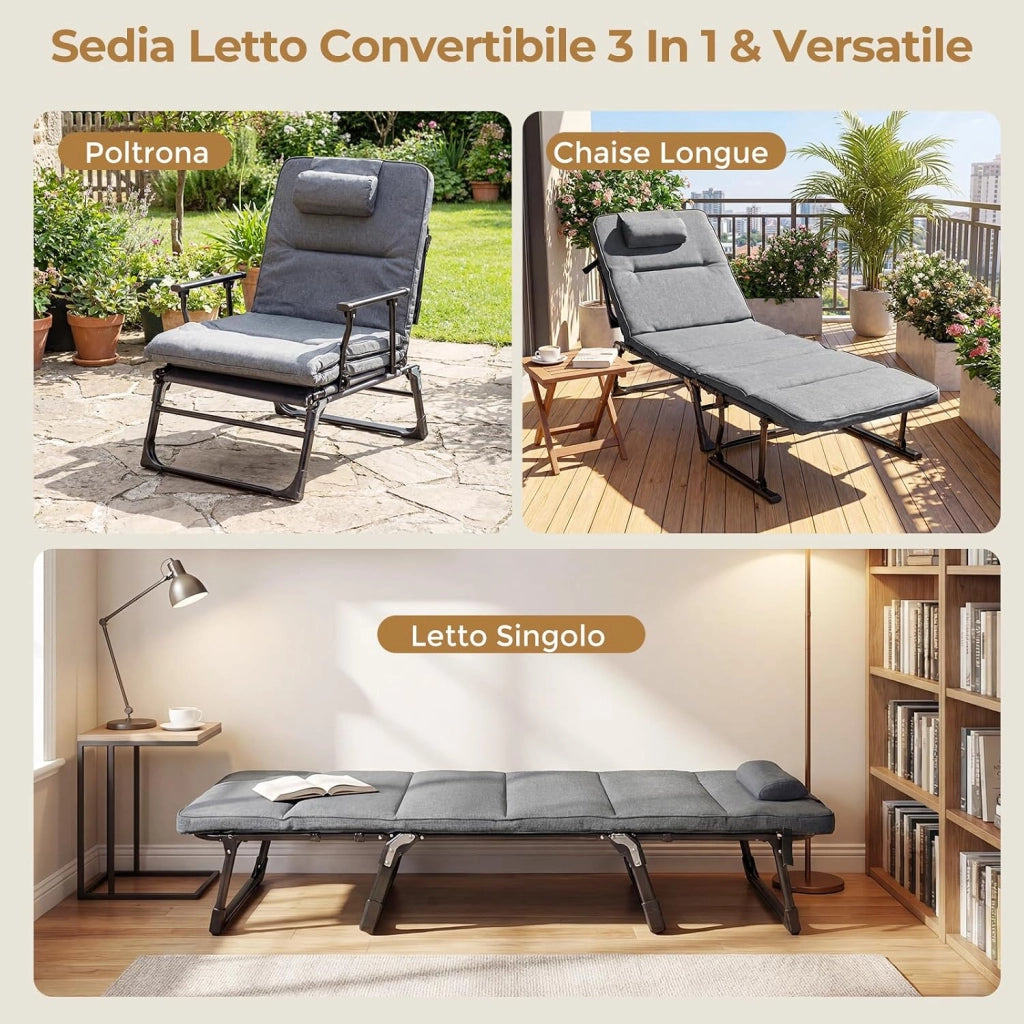 Sedia a Sdraio Pieghevole, con Schienale Reclinabile 6 Posizioni, Poggiatesta, Lettino da Esterno con Struttura in Metallo per Giardino, Cortile, Portata 200 kg