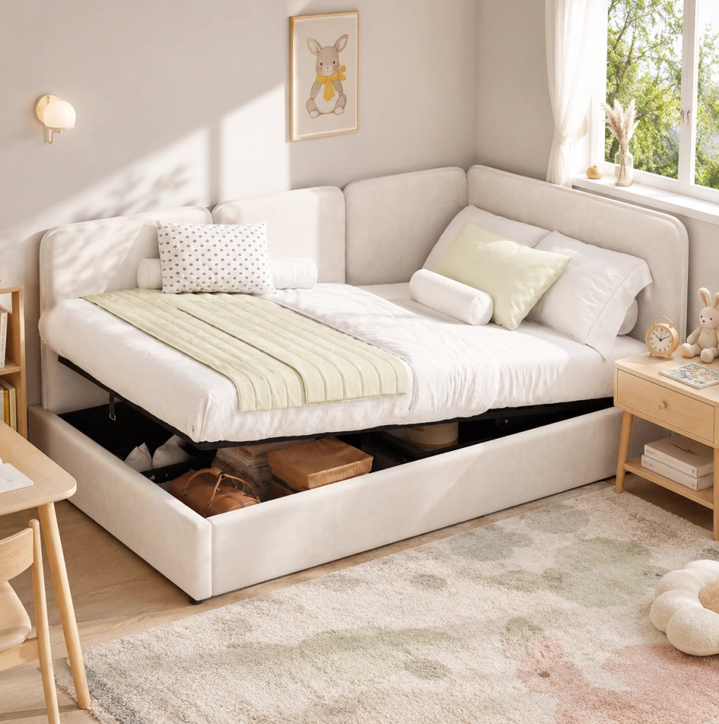 Letto imbottito 90x200 cm con contenitore idraulico in velluto beige
