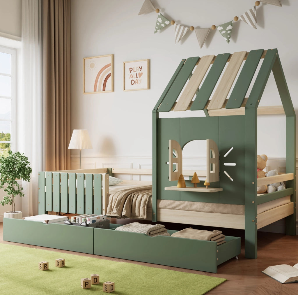 Letto a casetta per bambini verde naturale 90x200 cm con 2 cassetti