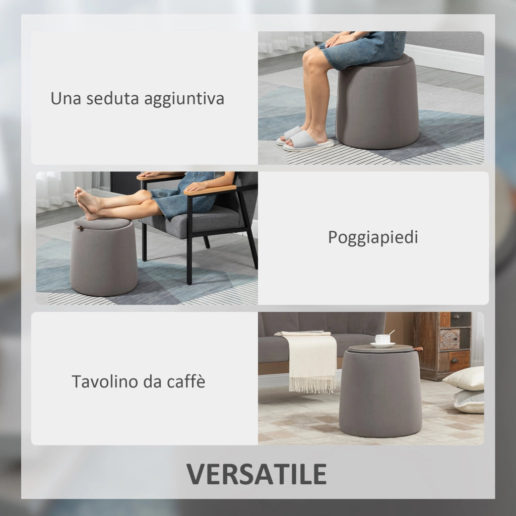 Pouf Contenitore in Velluto 2 in 1 Convertibile in Tavolino da Caff¨¨. ?44x47.5cm. Grigio