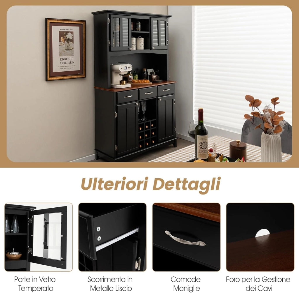 Credenza da Cucina, Armadietto Dispensa da Cucina Alto con Ante in Vetro Temperato, Portabottiglie, Ripiani Regolabili, Mobile Moderno per Cucina con 3 Cassetti e Ripiani Aperti (Nero)