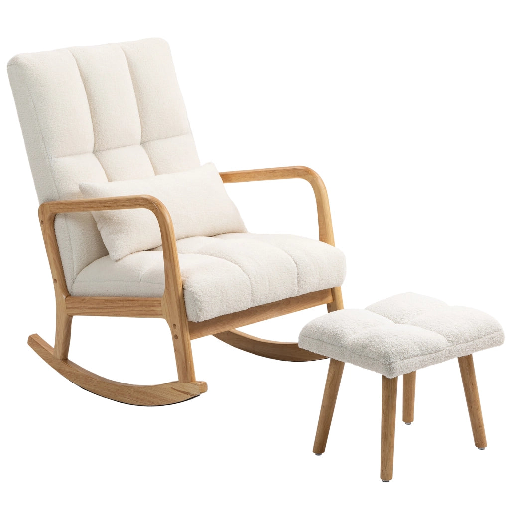 Poltrona a Dondolo con Poggiapiedi in Tessuto Boucl¨¦ e Gambe in Legno ¨C Minimal ¨C 64.5x82x89 cm Bianco