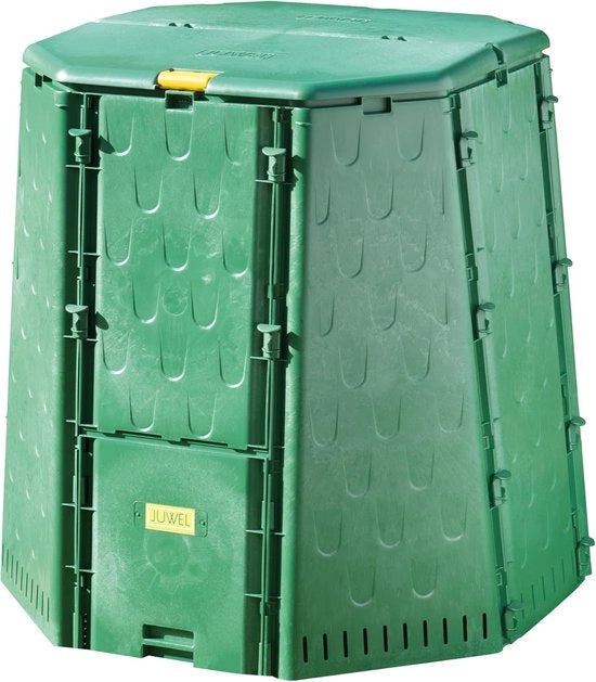 Bacca Compost XXL Termica - Capacità 900 L - Rifiuti di Cucina e Giardino - Plastico Riciclato UV-Stabile - 2 Scarichi - Coperchio con Protezione dal Vento